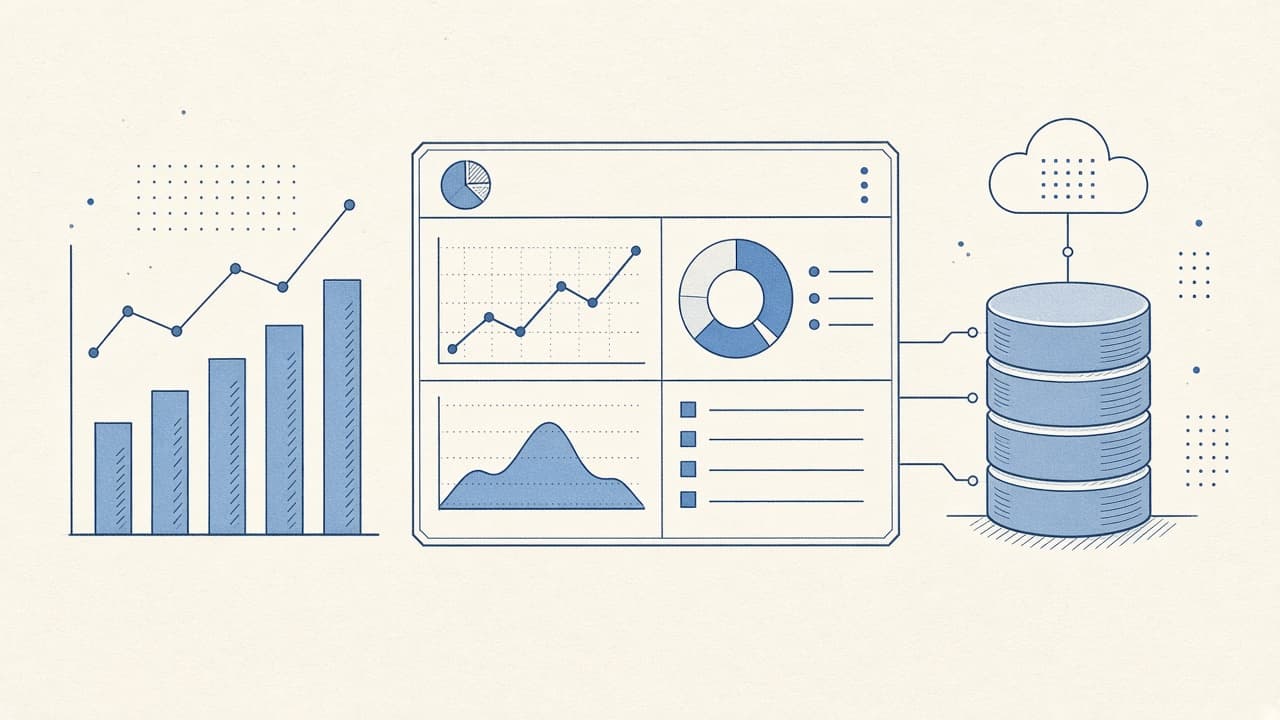 Illustration of data analytics dashboards and pipelines