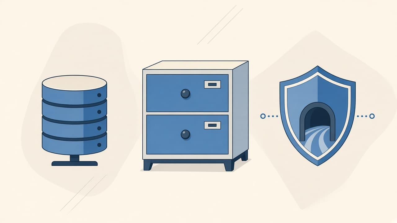 Illustration of private databases, file storage, and company VPN